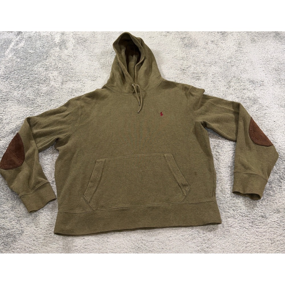 Polo Ralph Lauren Mens Elbow Patch Hoodie L Olive Green Cotton Pullover